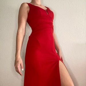 Red floor length side slit prom dress built in bra!
